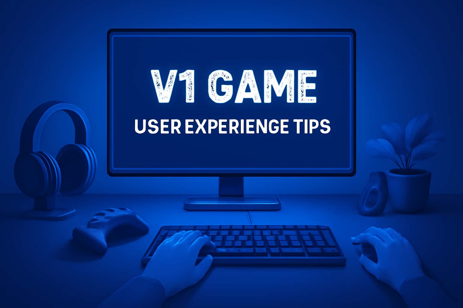A high-tech informational scene showcasing V1 Game User Experience Tips.